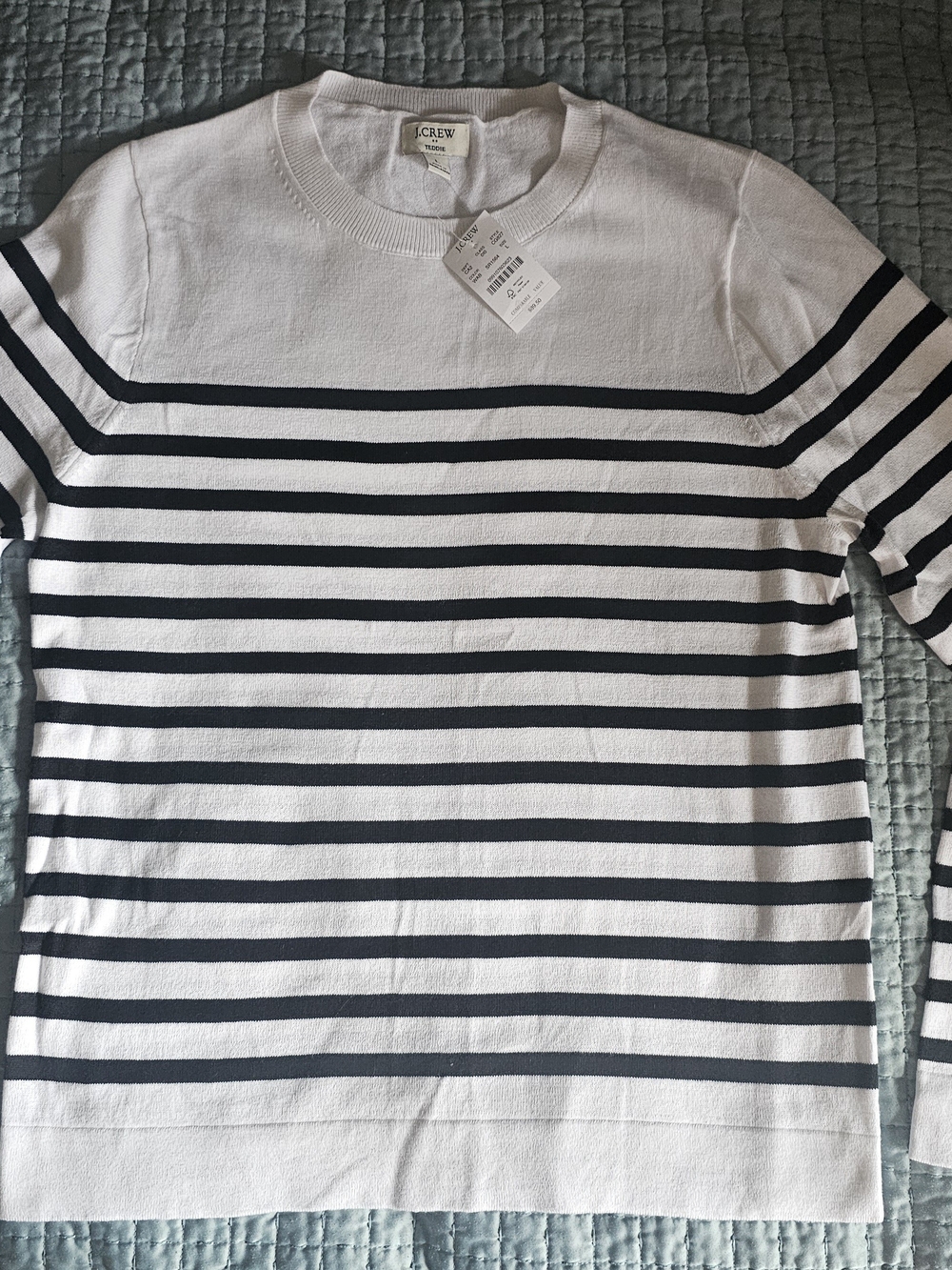 J. Crew White and Black Striped Crewneck Sweater